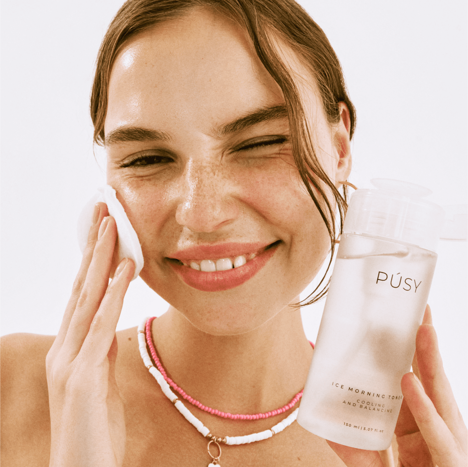 Morning skincare application with PÚSY Ice Tonic — Hydrating cooling effect on skin